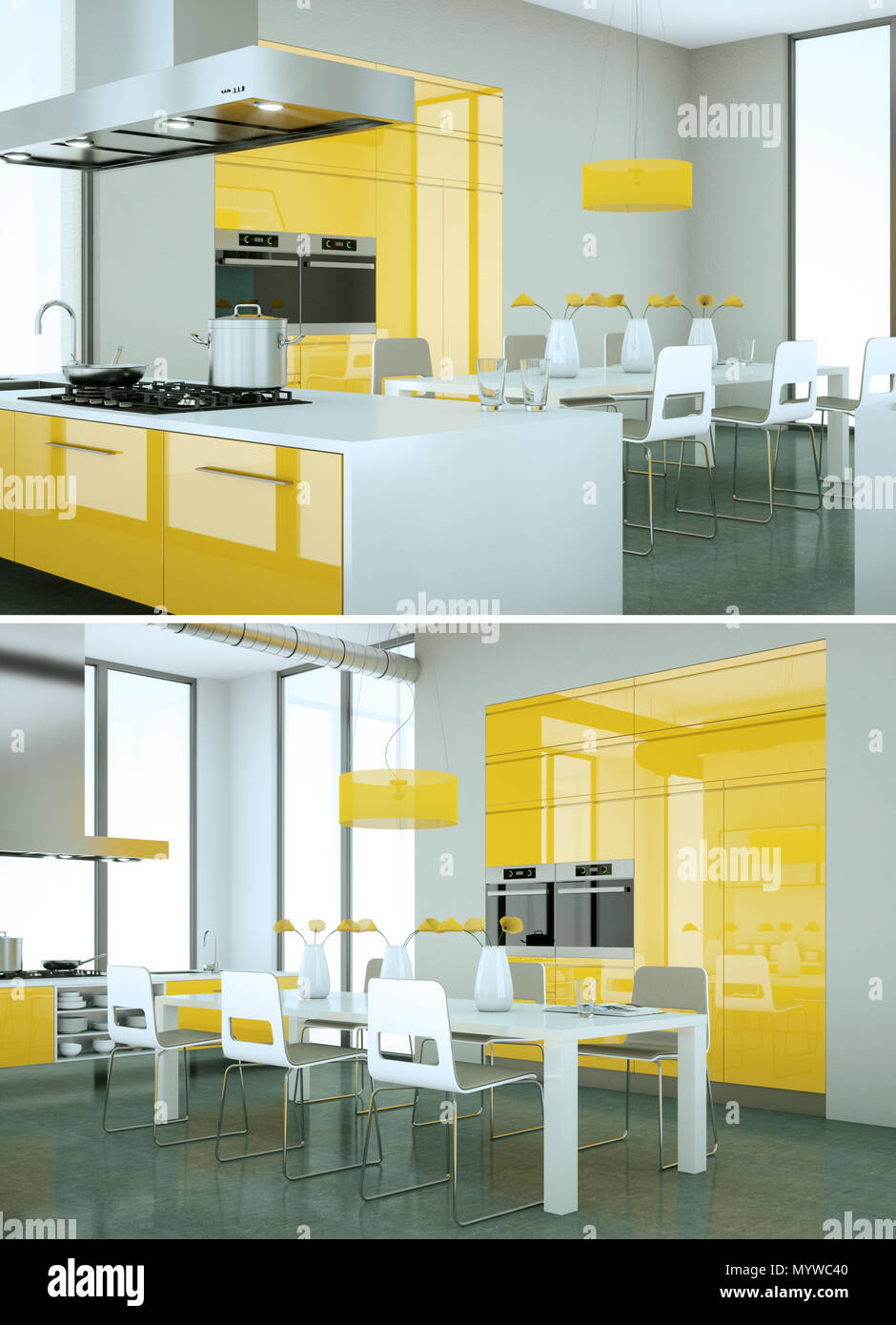 Two views of modern yellow kitchen Interior design Stock Photo - Alamy