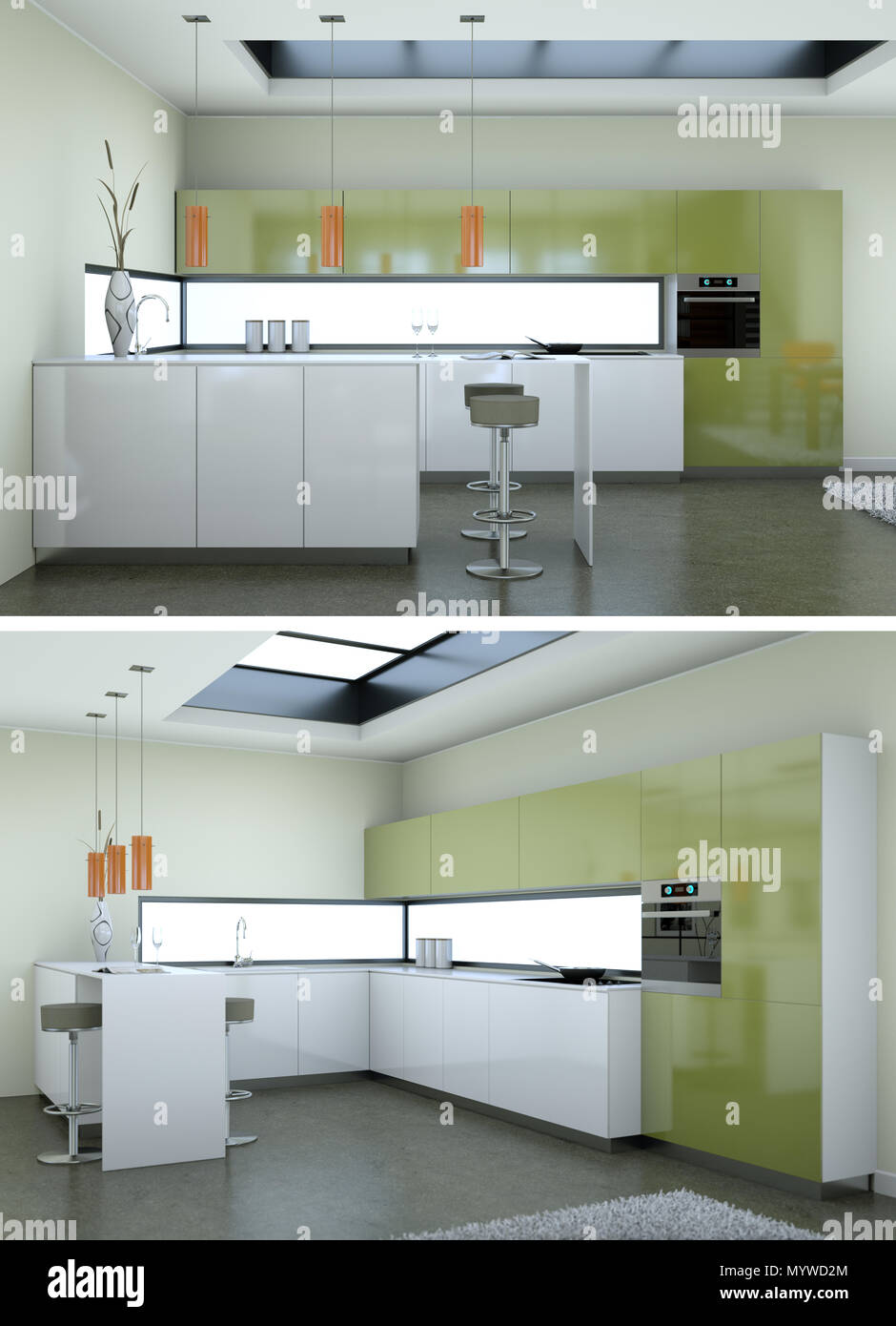 Two views of modern white kitchen Interior design Stock Photo - Alamy