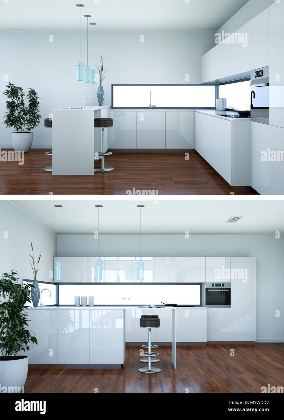 Two views of modern white kitchen Interior design Stock Photo - Alamy