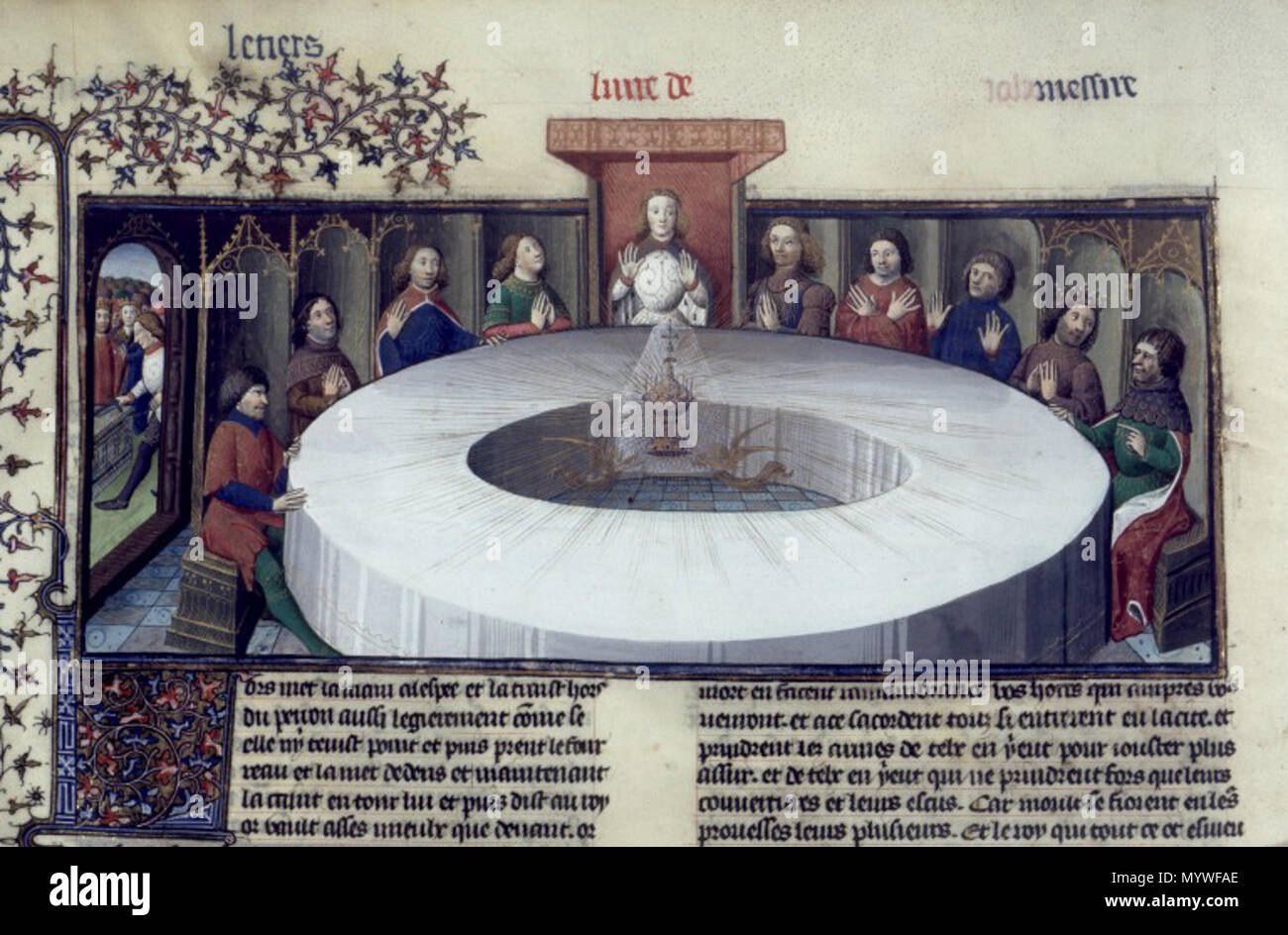 . English: King Arthur's knights, gathered at the Round Table to celebrate the Pentecost, see a vision of the Holy Grail. The Grail appears as a veiled ciborium, made of gold and decorated with jewels, held by two angels. From a manuscript of Lancelot and the Holy Grail.  . circa 1405-1407. Attributed to Maître des cleres femmes. 373 Apparition saint graal Stock Photo