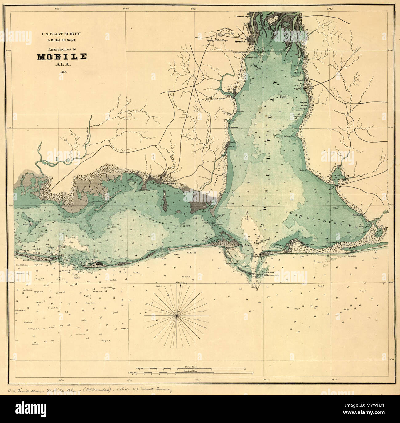 . English: Scale ca. 1:205,000. LC Civil War Maps (2nd ed.), 109 Map of Mobile Bay showing forts, towns, soundings, and a few roads. Description derived from published bibliography. Available also through the Library of Congress web site as raster image.  . Approaches to Mobile, Ala. 1864.. 1864. United States Coast Survey 373 Approaches to Mobile, Ala. 1864. LOC 99447256 Stock Photo