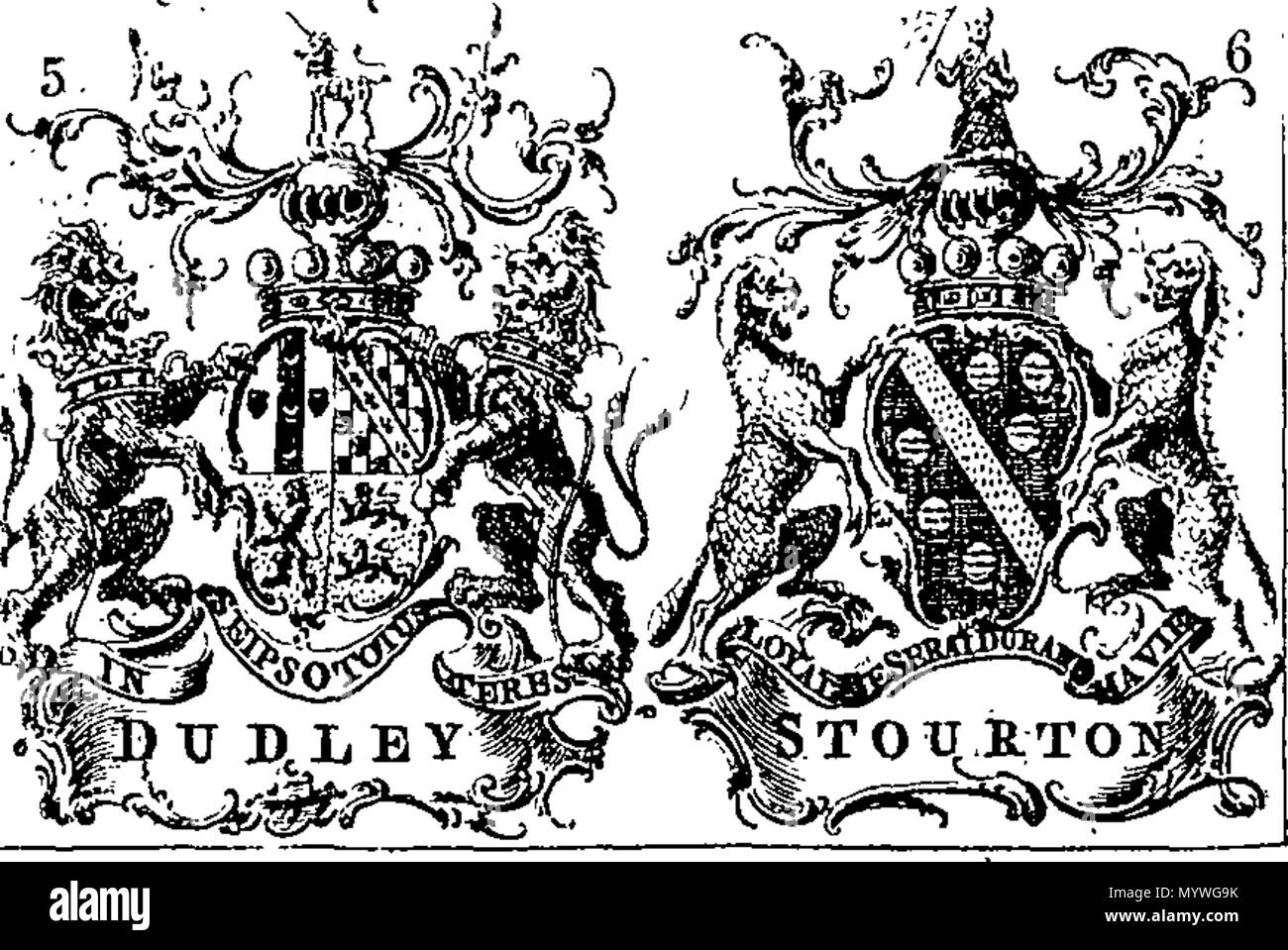 . English: Fleuron from book: Arms of the English nobility. With supporters, crests, motto's: and tables of dates to family honours, Viz. Origin, Knights, Baronets, Garters, Peerage &c. By John Millan book-seller. Corrected to Apr. : 1756. 379 Arms of the English nobility Fleuron N046585-1 Stock Photo