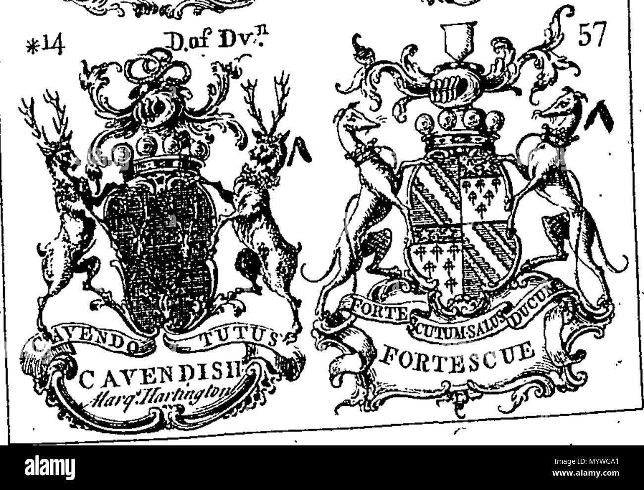 . English: Fleuron from book: Arms of the English nobility. With supporters, crests, motto's: and tables of dates to family honours, Viz. Origin, Knights, Baronets, Garters, Peerage &c. By John Millan book-seller. Corrected to Apr. : 1756. 379 Arms of the English nobility Fleuron N046585-3 Stock Photo