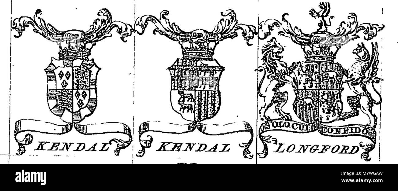 . English: Fleuron from book: Arms of the Irish nobility. With Supporters, Crests, Motto's, and tables of dates to family honours, viz Origin, Knights, Baronets, Garters, Peerage &c. By John Millan Bookseller. 379 Arms of the Irish nobility Fleuron T114377-6 Stock Photo