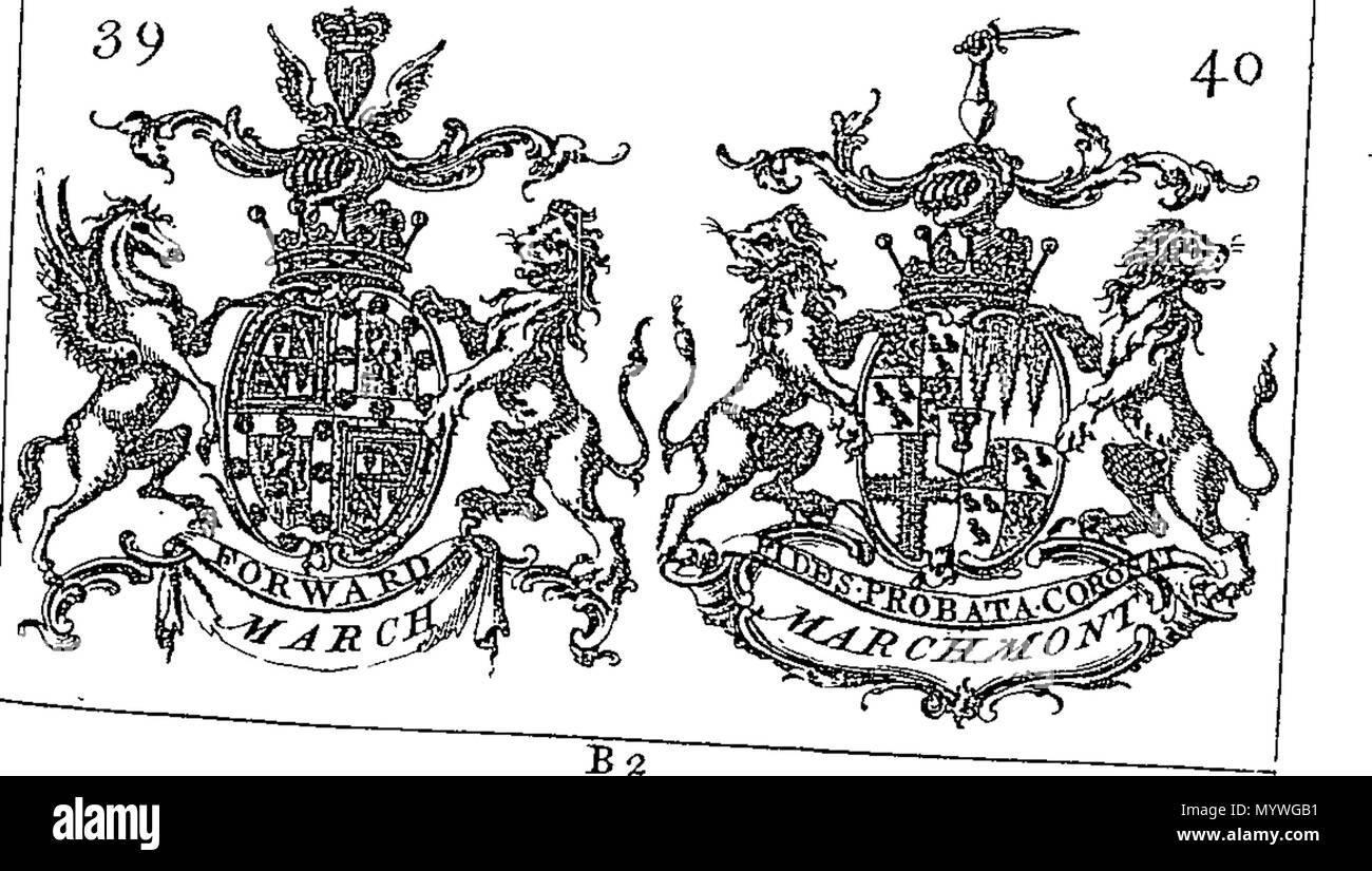 . English: Fleuron from book: Arms of the Scotch nobility. With Supporters, Crests, Motto's: and tables of dates to family honours, viz Origin, Knights, Baronets, Garters, Peerage &c. By John Millan Bookseller. 379 Arms of the Scotch nobility Fleuron T114378-2 Stock Photo