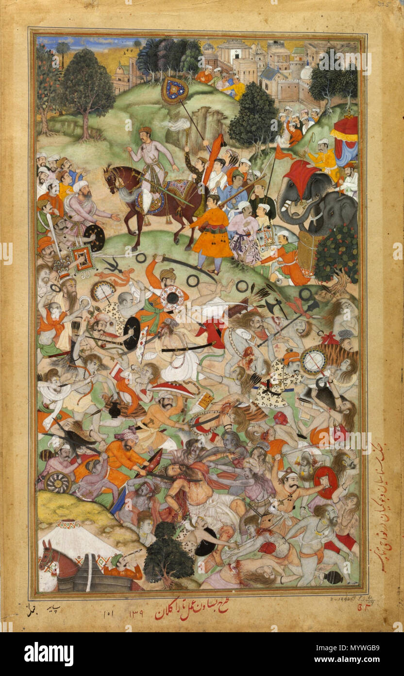 . English: Basawan. Battle of rival ascetics. Akbarnama, ca. 1590, V&A ...