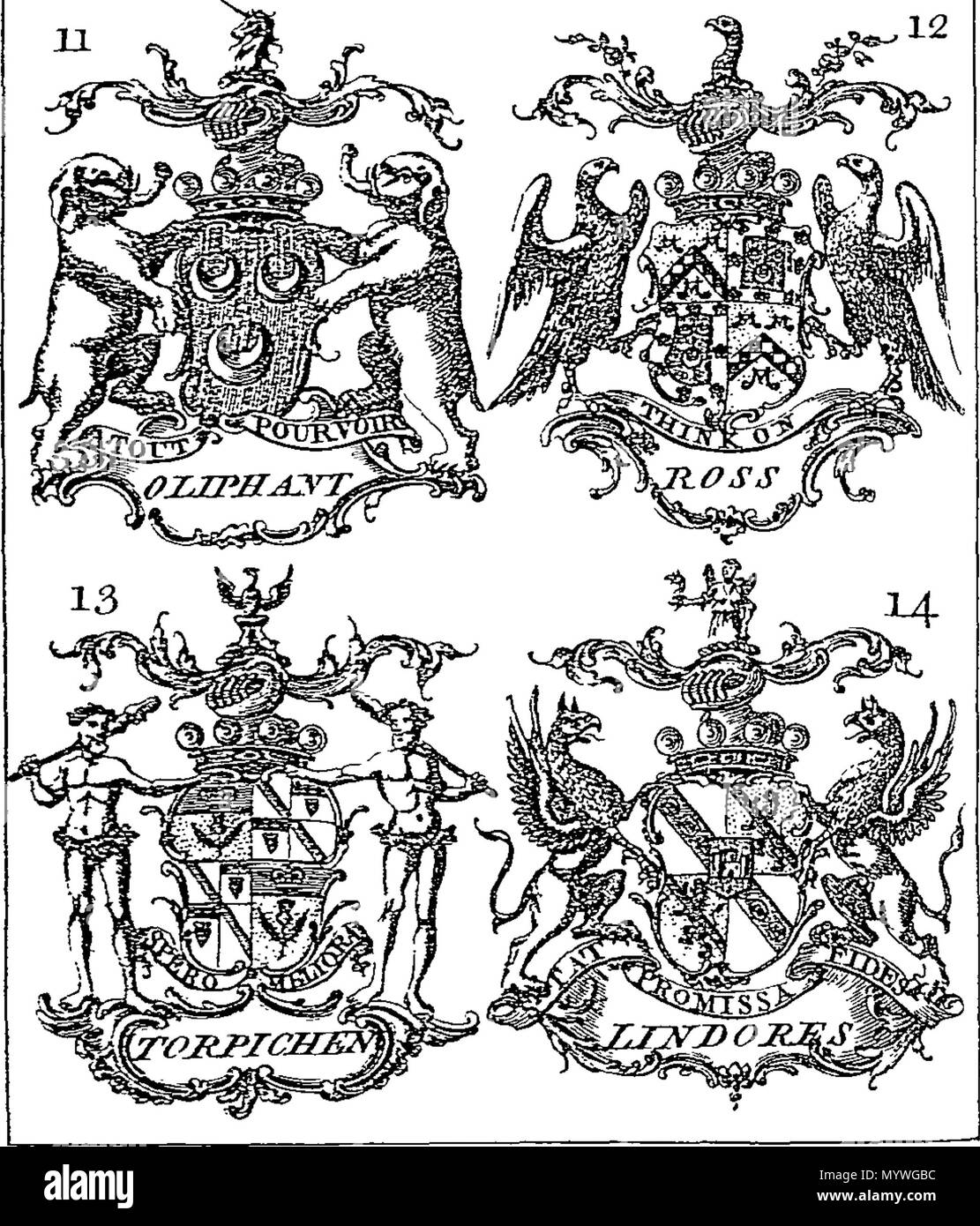 . English: Fleuron from book: Arms of the Scotch nobility. With Supporters, Crests, Motto's: and tables of dates to family honours, viz Origin, Knights, Baronets, Garters, Peerage &c. By John Millan Bookseller. 379 Arms of the Scotch nobility Fleuron T114378-5 Stock Photo