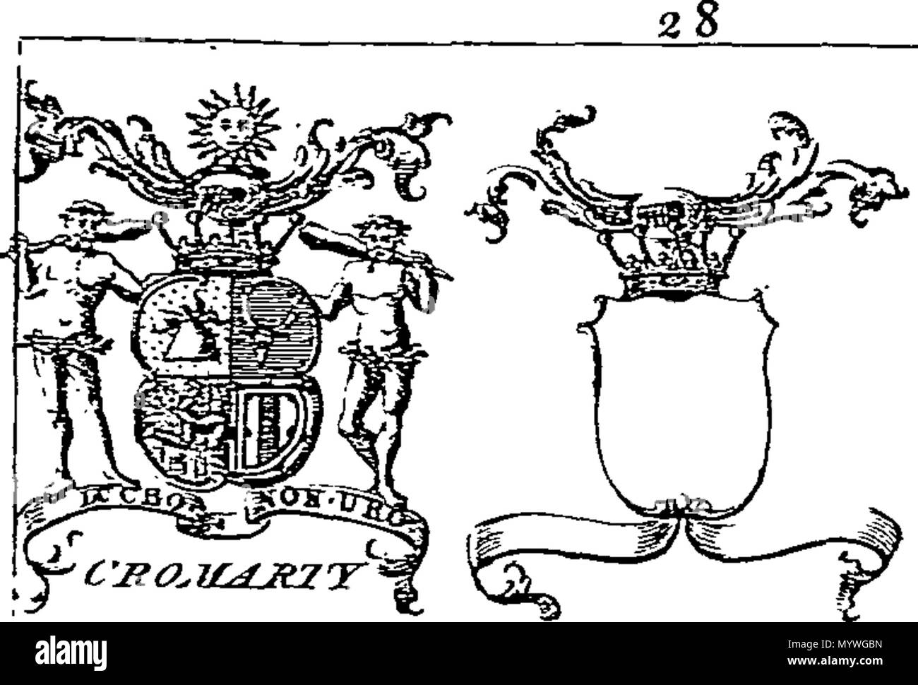 . English: Fleuron from book: Arms of the Scotch nobility. With Supporters, Crests, Motto's: and tables of dates to family honours, viz Origin, Knights, Baronets, Garters, Peerage &c. By John Millan Bookseller. 379 Arms of the Scotch nobility Fleuron T114378-9 Stock Photo
