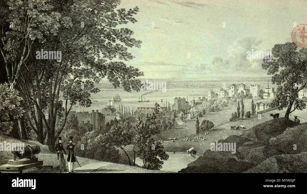 . English: View of Woolwich from Repository Woods, near John Nash's Rotunda. Litograph by Thomas Mann Baynes, 1823 . Collection of the London Metropolitan Archives.  . 9 March 2017, 08:45:23. Thomas Mann Baynes (1794–1876) 25 View of Woolwich from Rotunda, T M Baynes, 1823 LMA Stock Photo
