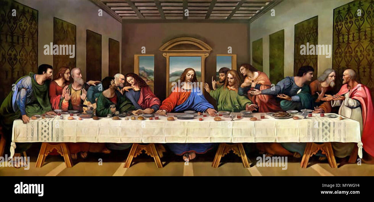 .  English: The Last Supper Restored - Leonardo Da Vinci  . The Last Supper . from 1495 until 1498 380 Art-100 Stock Photo