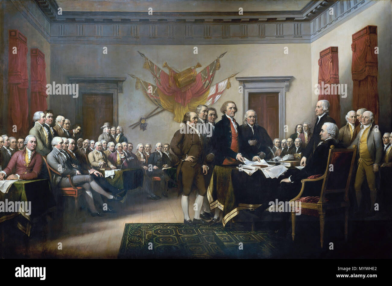 .  English: John Trumbull's painting, Declaration of Independence, depicting the five-man drafting committee of the Declaration of Independence presenting their work to the Congress. The painting can be found on the back of the U.S. $2 bill. The original hangs in the US Capitol rotunda. Español: Cuadro del pintor estadounidense John Trumbull. Se encuentra en la rotonda del capitolio de los Estados Unidos (Washington D.C.) y representa la presentación al Congreso del documento que establecía la Declaración de Independencia de los Estados Unidos. Français : John Trumbull (US-americain, 1756-1843 Stock Photo