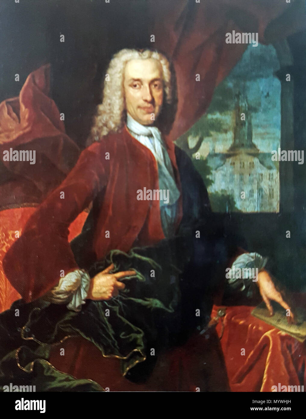 . English: Portrait by an unknown artist of Jacob Hendrik van Brienen, magistrate and mayor of Maastricht in the 1730s and 40s. In the background the town hall of Maastricht, where the portrait remains.  . 19 June 2017, 21:01:21. Unknown artist, 18th c. 19 Portret Jacob v Brienen, Stadhuis v Maastricht Stock Photo