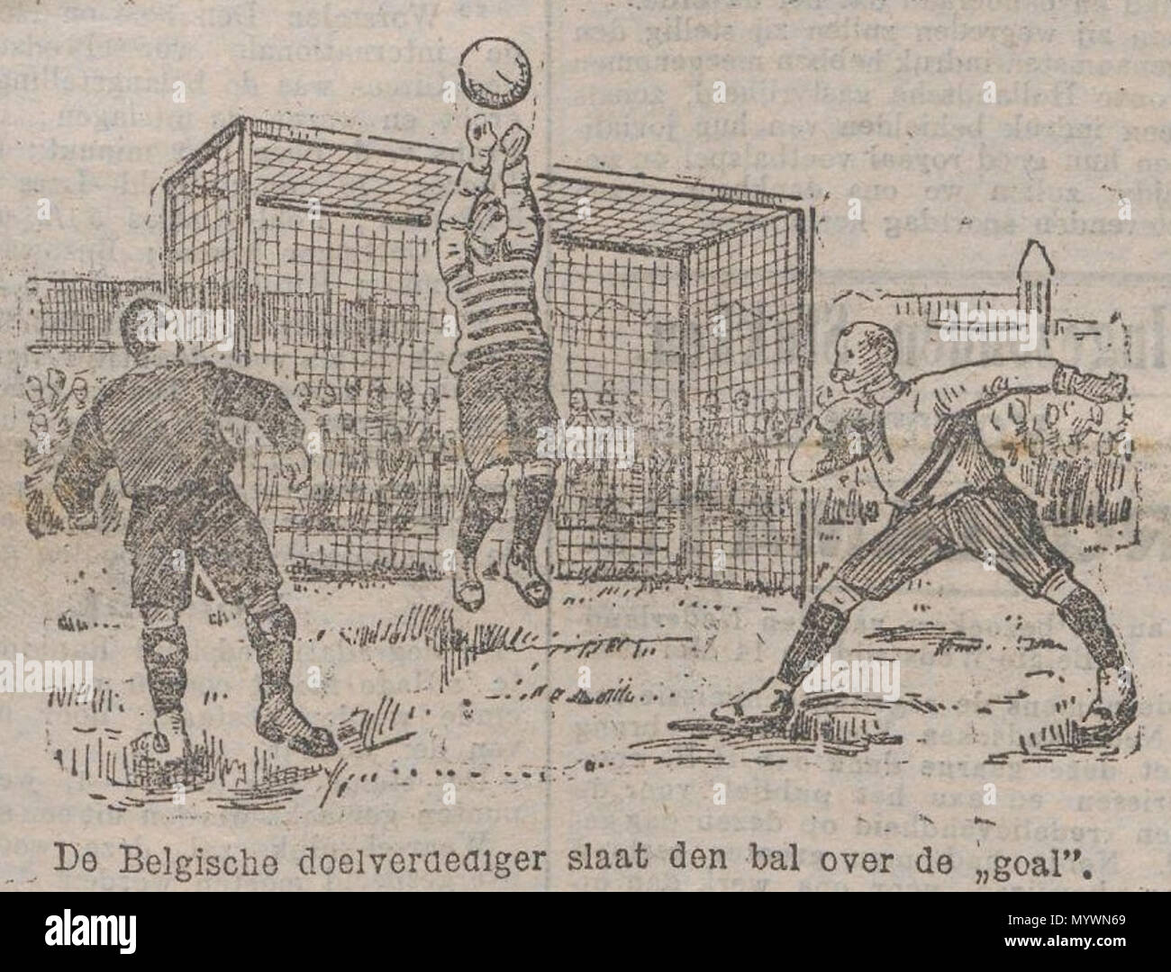. English: Illustration of a match detail of the first Rotterdamsch Nieuwsblad Beker at the Schuttersveld in Rotterdam on May 14, 1905, with the Belgian keeper making a save on the shot of a Dutch player (right)  . 22 May 2014, 17:24:24. Unknown cartoonist of newspaper Rotterdamsch Nieuwsblad 4 Netherlands v Belgium (1905) Stock Photo