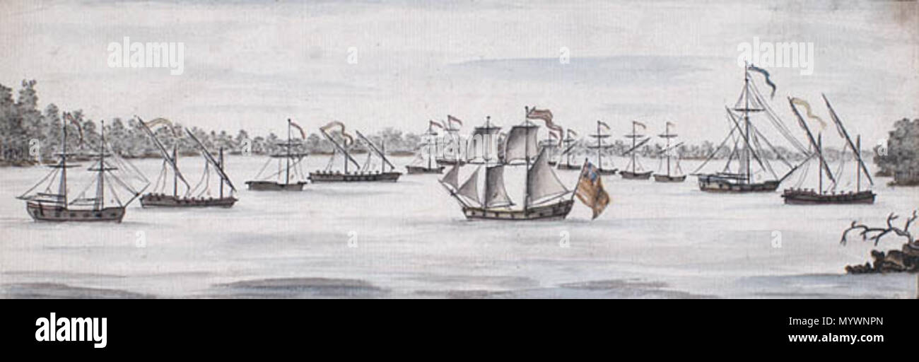 . Watercolor depicting the American line of battle before the 1776 Battle of Valcour Island. Drawing is titled as follows: New England Armed Vessels in Valcure Bay, Lake Champlain [including Royal Savage, Revenge, Lee, Trumble, Washington, Congress, Philadelphia, New York, Jersey,. Connecticut, Providence, New haven, Spitfire, Boston, and the Liberty] commanded by Benedict Arnold.  . Unknown date. Charles Randle, fl. 1775-1813 3 Valcour canadianarchive c013202k Stock Photo