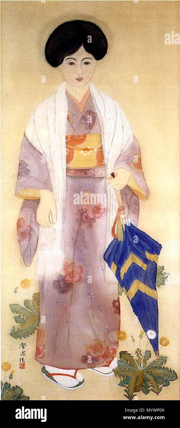 中文 Description In Chinese 此畫可歸入日本江戶時代以來 美人畫傳統下的作品 畫中少女的頭髮簡單地平塗 幾乎分不清是剪成短髮或者梳成髻 身著豔麗的和服 眉目間猶有幾分稚氣 但神情堅定 右手緊握洋傘 左腳略向前跨出一小步 毫不做作 她的可親性 像是現實 中文 Description In Chinese 此畫可歸入日本江戶時代以來 美人畫傳統下的作品 畫中少女的頭髮簡單地平塗 幾乎分不清是剪成短髮或者梳成髻 身著豔麗的和服 眉目間猶有幾分稚氣 但神情堅定 右手緊握洋傘 左腳略向前跨出一小步 毫不做作 她的可親性 像是現實