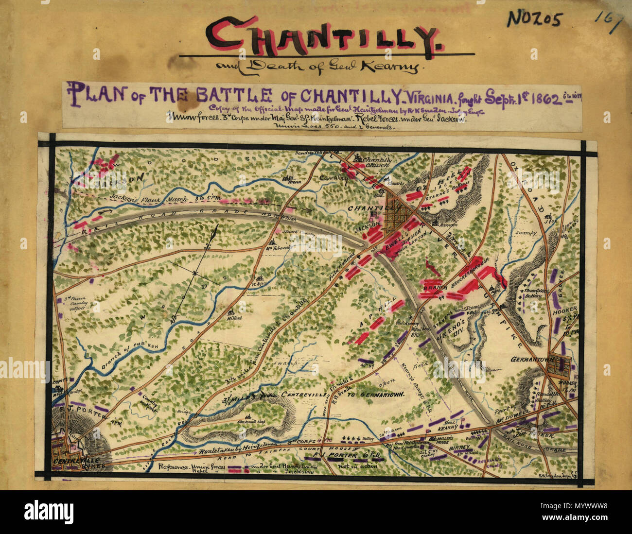 . Map of the Battle of Chantilly (also known as the Battle of Ox Hill) on September 1, 1862, depicting events from 5 to 10 PM.  . between circa 1862 and circa 1865.   Robert Knox Sneden  (1832–1918)     Description American drawer and cartographer  Date of birth/death 1832 1918  Location of birth/death Annapolis Royal Bath  Work location New York City  Authority control  : Q7346431 VIAF:?60311076 ULAN:?500343090 LCCN:?n00035674 NLI:?000123931 WorldCat 14 BattleOfChantillyMap Stock Photo