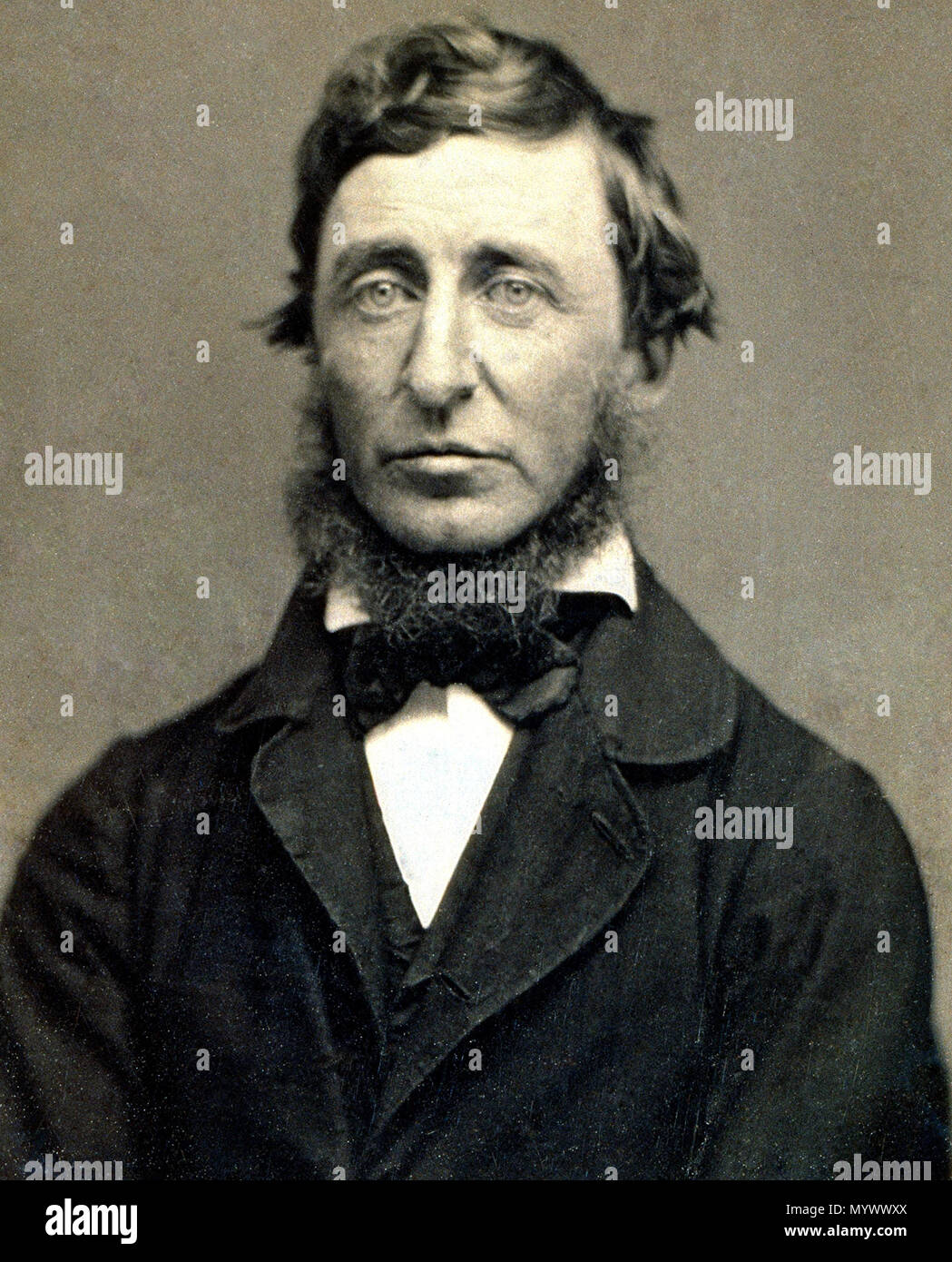 . English: Portrait photograph from a ninth-plate daguerreotype of Henry David Thoreau. Calvin R. Greene was a Thoreau “disciple” who lived in Rochester, Michigan, and who first began corresponding with Thoreau in January 1856. When Greene asked for a photographic image of the author, Thoreau initially replied: “You may rely on it that you have the best of me in my books, and that I am not worth seeing personally – the stuttering, blundering, clodhopper that I am.” Yet Greene repeated his request and sent money for the sitting. Thoreau must have kept this commitment to his fan in the back of h Stock Photo