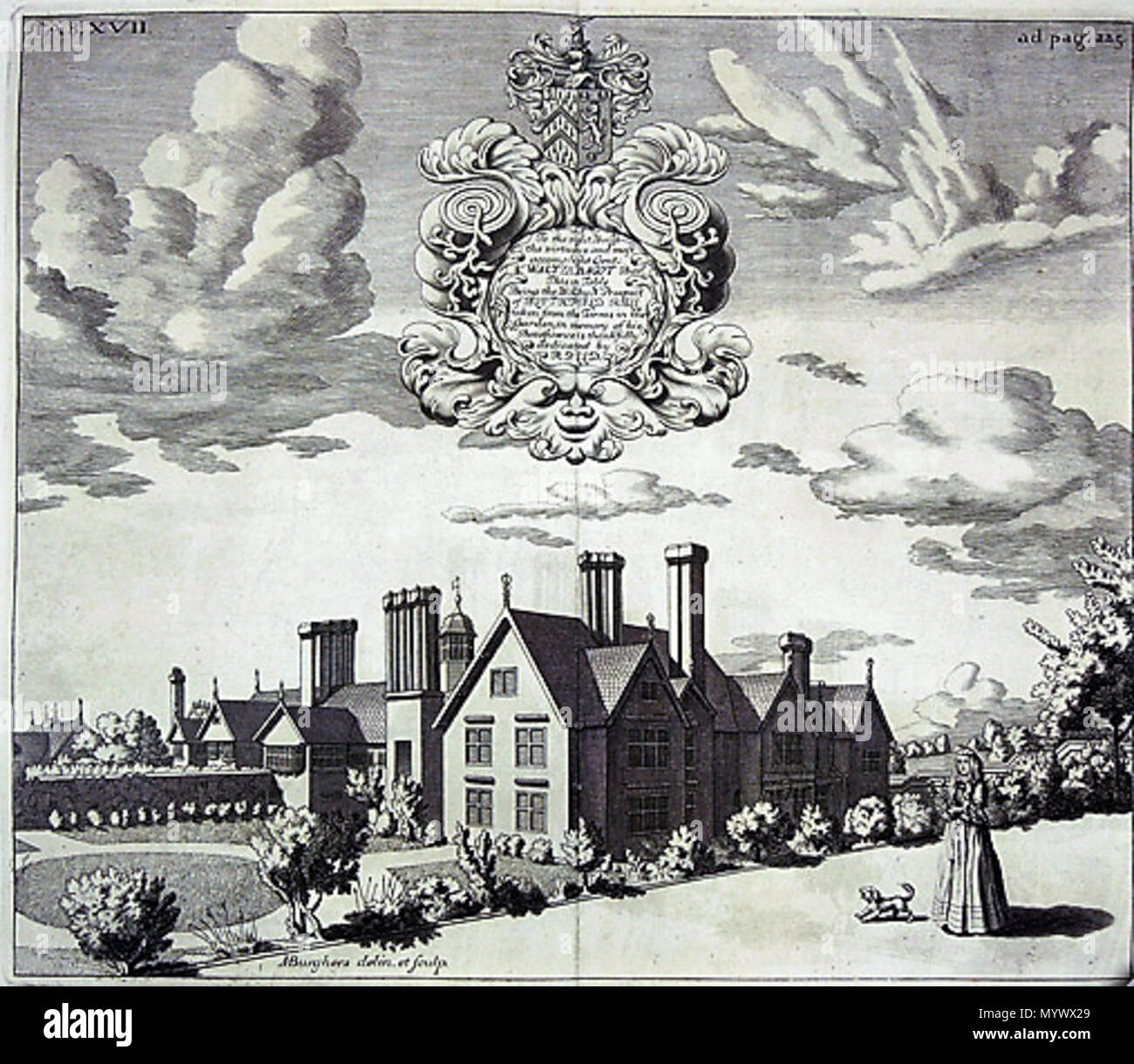 . English: Blithfield Hall: the earliest known record of the house is this engraving of the north and west fronts, from Dr. Plot's Natural History of Staffordshire, 1686. The cupola over the hall can be seen to the left of the large gable in the centre. 15 Blithfield Hall from NW Stock Photo