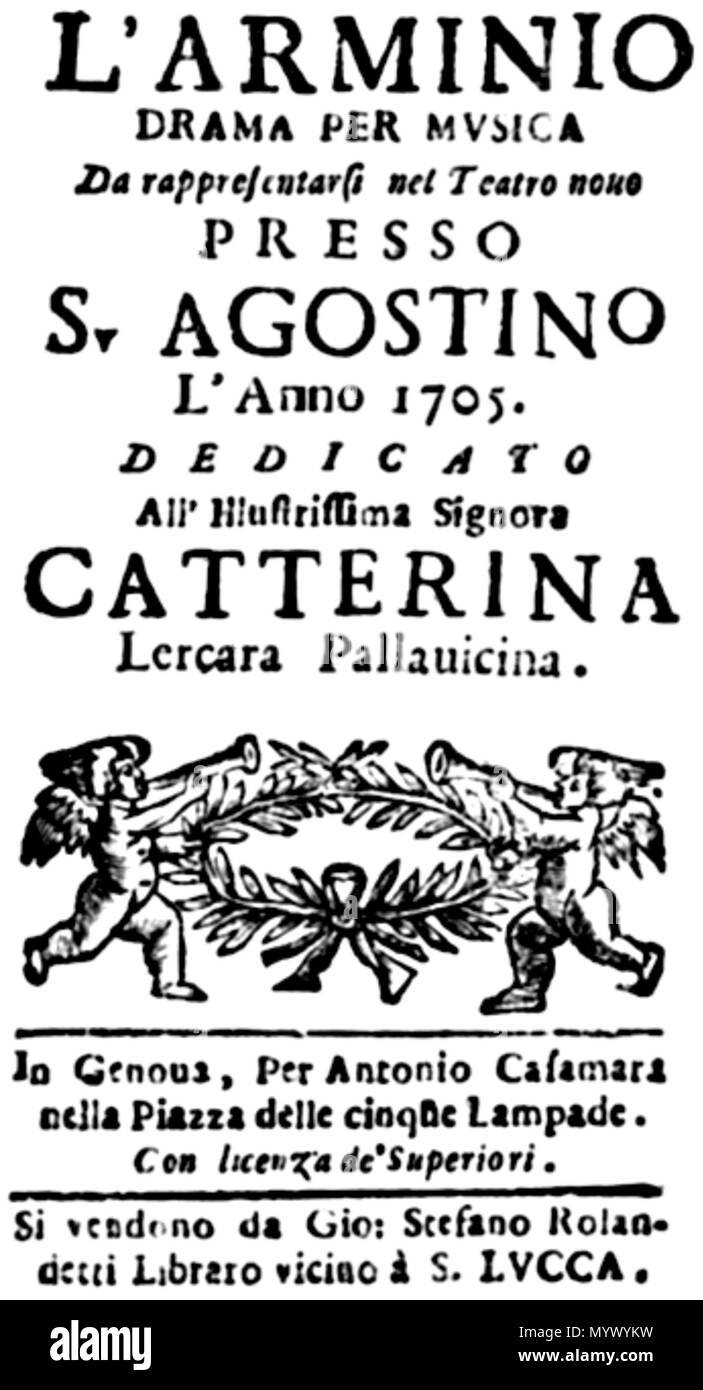 . Antonio Caldara - L'Arminio - title page of the libretto - Genoa 1705 371 Antonio Caldara - L'Arminio - title page of the libretto - Genoa 1705 Stock Photo