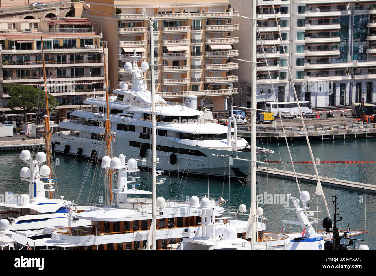 Monte-Carlo, Monaco - June 7, 2018: Many Luxurious Yachts And Boats Moored at Port Hercule. Principality of Monaco, French Riviera Stock Photo