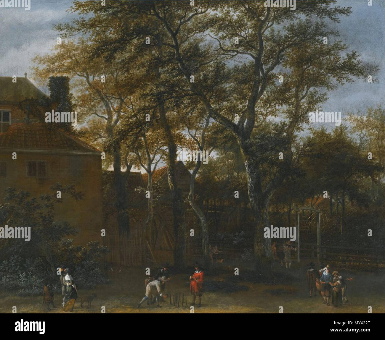 . English: 'Four men playing Skittles in a garden, with onlookers', oil on canvas, 55.7 by 68 cm.; 22 by 26 3/4 in. Deutsch: 'Vier Männer spielen Kegeln im Garten, mit Zuschauern', Öl auf Leinwand, 55,7 × 68 cm.  . 17th century.   Adriaen Hendriksz Verboom  (1627/1628–1673)    Alternative names Abraham Verboom, Adriaen Verboom, Abraham Hendriksz. Verboom  Description Dutch painter and draughtsman  Date of birth/death 1627 or 1628 26 April 1673 (buried) (?)  Location of birth/death Rotterdam Rotterdam  Work period between circa 1642 and circa 1673  Work location Rotterdam (1642-1649), Haarlem ( Stock Photo