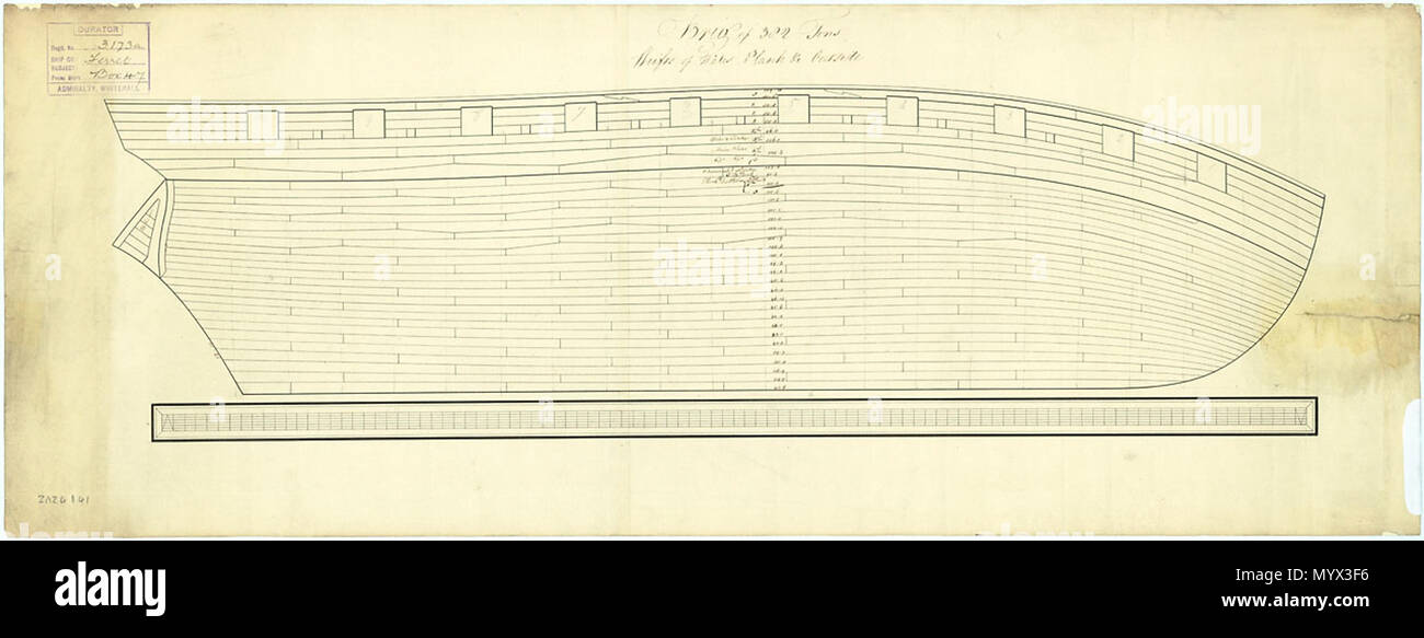 .  English: 52 ships of the Cruizer class (1797) being built or ordered during 1806/1807. Scale: 1:48. Plan showing the framing profile (disposition) for the Cruizer class (1797). As the plan has the watermark of 1806, it is likely to refer to those launched in that year and after. This includes Ferret (1806), Racehorse (1806), Rover (1808), Leveret (1806), Bellette (1806), Mutine (1806), Emulous (1806), Alacrity (1806), Philomel (1806), Frolick (1806), Recruit (1806), Royalist (1807), Grasshopper (1806), Columbine (1806), Pandora (1806), Forester (1806), Foxhound (1806), Primrose (1807), Ceph Stock Photo