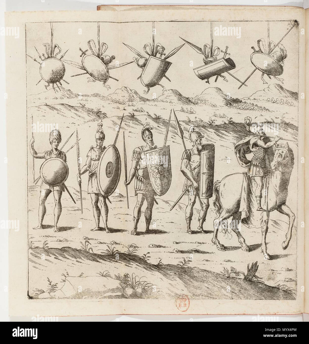 . English: Roman legionaries and their weapons. Engraving in the Patrizi’s treatise La militia romana di Polibio, di Tito Livio, e di Dionigi Alicarnaseo by Franciscus Patricius /Franjo Petriš, Francesco Patrizi/ published at Ferrara. Deutsch: Römische Legionäre und ihre Waffen auf einem Kupferstich in Patrizis in Ferrara gedruckter Schrift La militia romana di Polibio, di Tito Livio, e di Dionigi Alicarnaseo.  . 1583. Francesco Patrizi 34 Francesco Patrizi, La militia romana Stock Photo