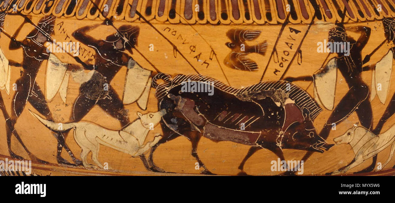 . English: Image from a Krater depicting an ancient boar hunt  . 550BC. Unknown 2 Boar Hunting Stock Photo