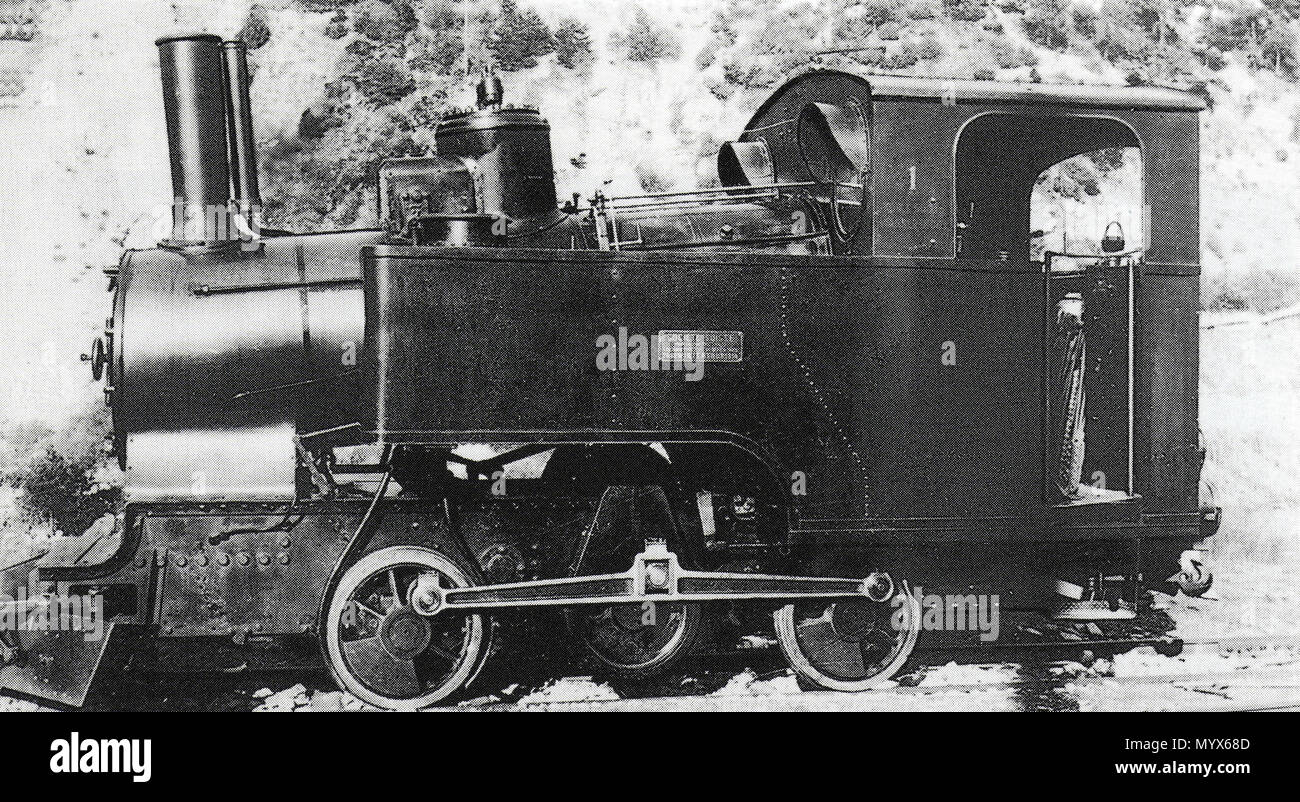 . Deutsch: Zahnradlocomotive (Syſtem Abt) HG 2/2 Nr. 1 der Leuk—Leukerbad-Bahn, gebaut 1914 inn Emil Keſslers Machines-Fabrique zů Eſslingen am Neckar (Fabr.-Nr. 3726) nach Plänen der Schweizeriſchen Locomotiv- und Machines-Fabrique zů Winterthur (Fabr.-Nr. 2460), 1935 zum Schneepflůge X Nr. 1 umgebaut, 1967 abgebrochen.  . between 1913 and 1936. Unknown 1 1HG22LLBi Stock Photo