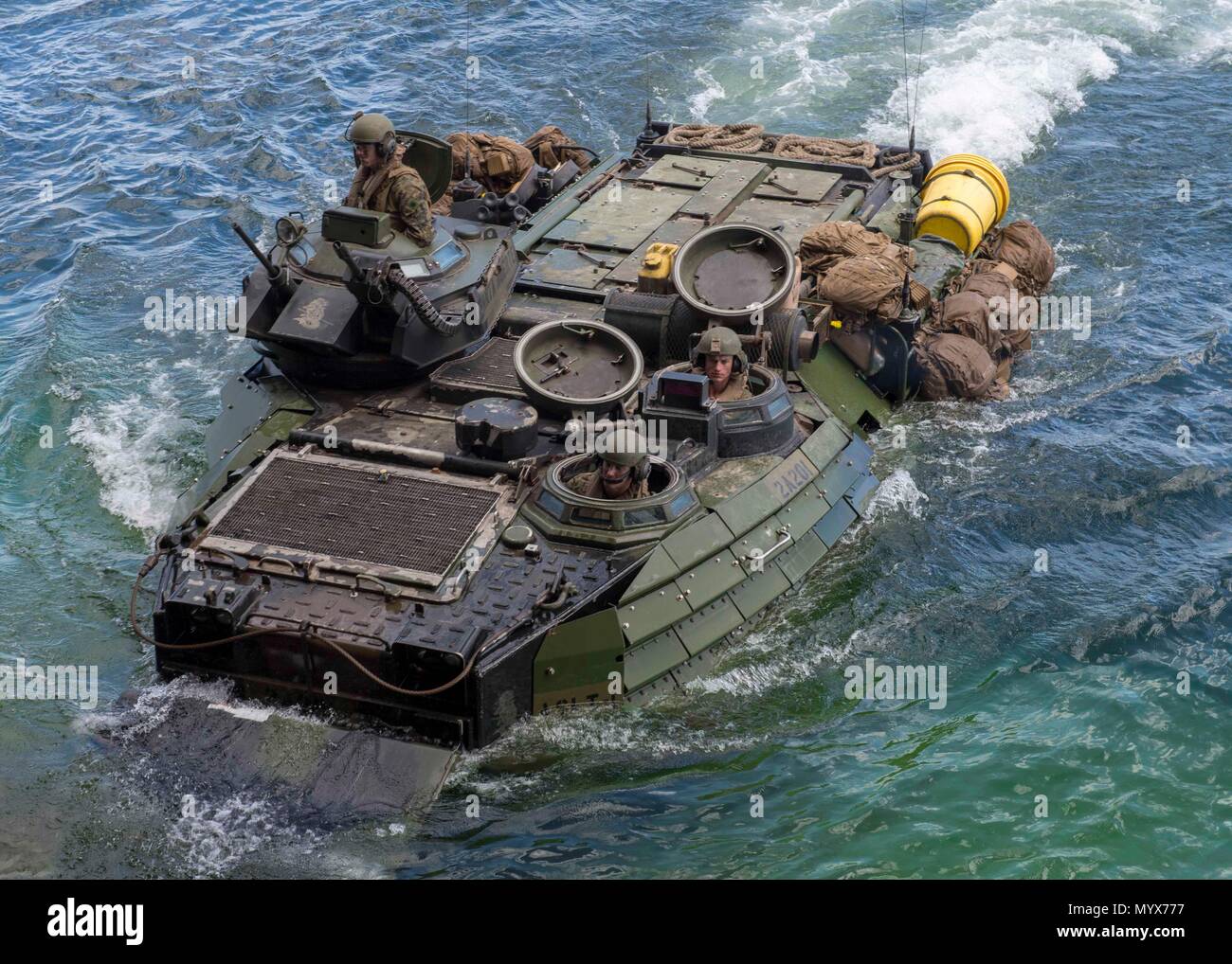180606-N-PC620-283  BALTIC SEA (June 6, 2018) An AAV-P7/A1 assault amphibious vehicle, attached to the 26th Marine Expeditionary Unit, enters the well deck of the Harpers Ferry-class dock landing ship USS Oak Hill (LSD 51) during exercise Baltic Operations (BALTOPS) 2018, June 6. BALTOPS is the premier annual maritime-focused exercise in the Baltic region and one of the largest exercises in Northern Europe enhancing flexibility and interoperability among allied and partner nations. (U.S. Navy photo by Mass Communication Specialist 3rd Class Michael H. Lehman/Released) Stock Photo