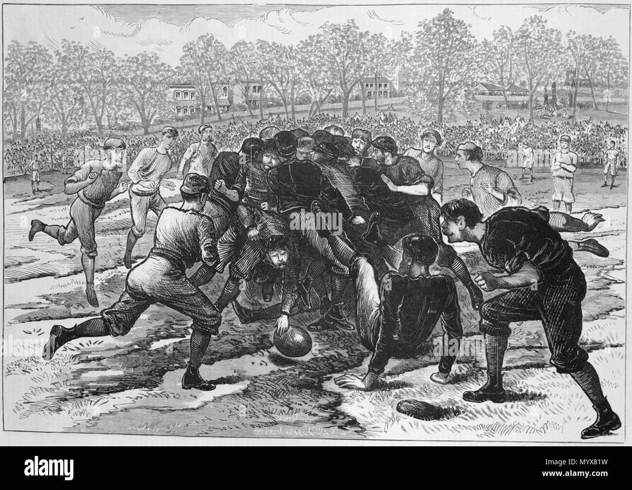 . English: Wood engraving of a football match in Melbourne, 30 August ...