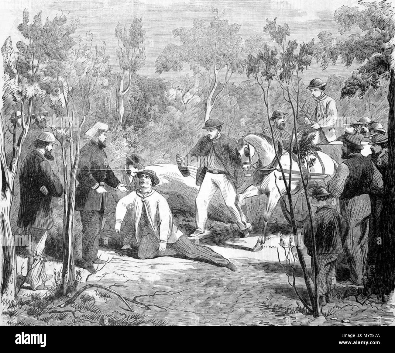 . English: Wood engraving of Australian bushranger John Dunn being recaptured.  . 23 February 1866. Samuel Calvert (1828-1913) 2 Recapture of Dunn the bushranger Stock Photo