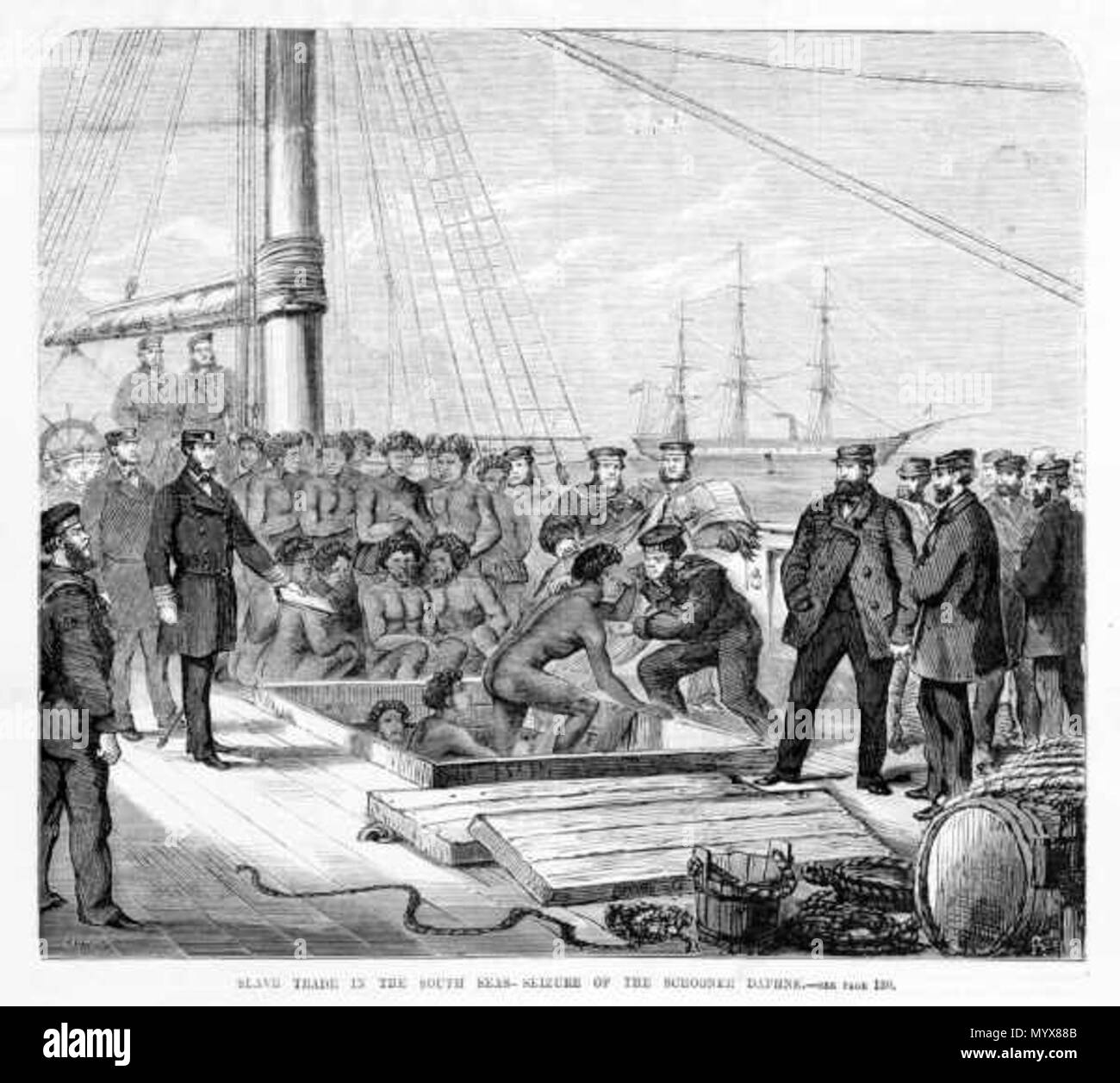. Seizure of the blackbirding schooner Daphne and its cargo by the HMS Rosario in 1869. See 1868: At 9 pounds a person; Thomas Pritchard, Ross Lewin’s trade – was it slavery, recruiting or indentured labour?, and SLAVING IN AUSTRALIAN COURTS: BLACKBIRDING CASES, 1869-1871, Journal of South Pacific Law, Volume 4 (2000).  . 19 June 1869. Samuel Calvert (1828-1913) and Oswald Rose Campbell (1820-1887) 2 Seizure of blackbirder Daphne Stock Photo