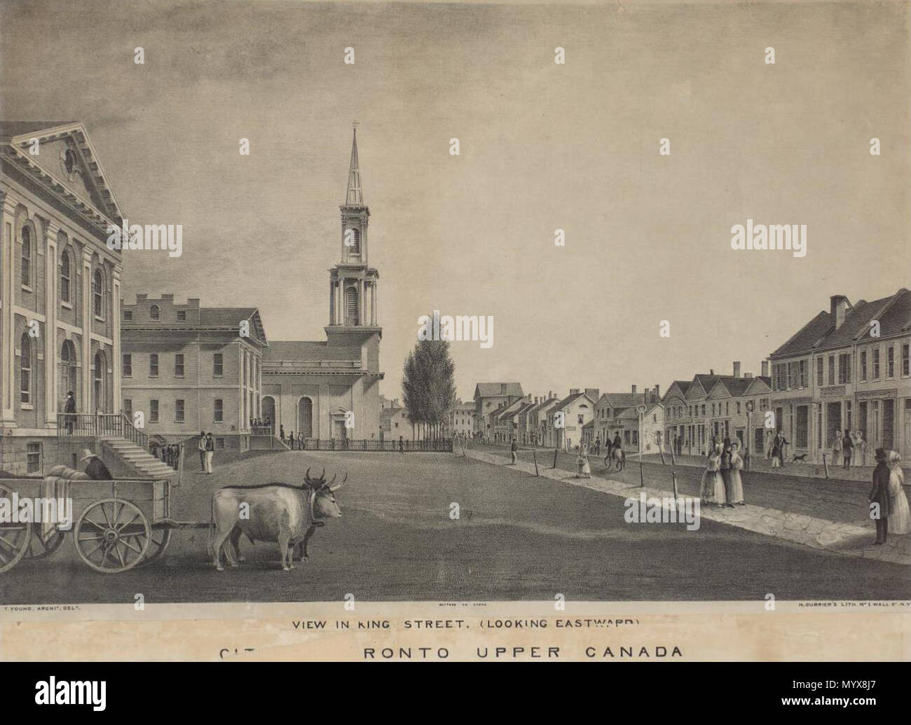 . English: View of King Street, Toronto's main thoroughfare during much of the nineteenth century, looking east from Toronto Street. This stretch of King Street was an early focal point of Toronto, as it contained many of the main shops, the old jail (1827-1840), the courthouse (1827-1855) and St. James Anglican Church (1833-1849). Market/City Hall was further east, at King and Nelson (Jarvis) Streets. Thomas Young, the artist, was a well-known Toronto architect.  . 1835. Thomas Young, (d. 1860). Lithograph on stone by J. H. Bufford, printed on India paper by N. Currier, New York. 1 Currier's  Stock Photo
