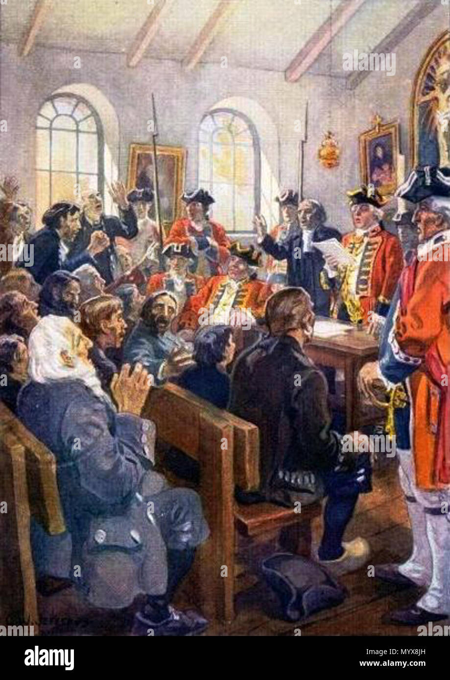 . Painting of the Acadian Expulsion order being read by colonel Winslow in the parish church of Grand-Pré, Nova Scotia, Canada, 1755.  . Reading the Order of expulsion to the Acadians in the parish Church at Grand-Pré, in 1755 . 1923 1 Deportation of Acadians order, painting by Jefferys Stock Photo