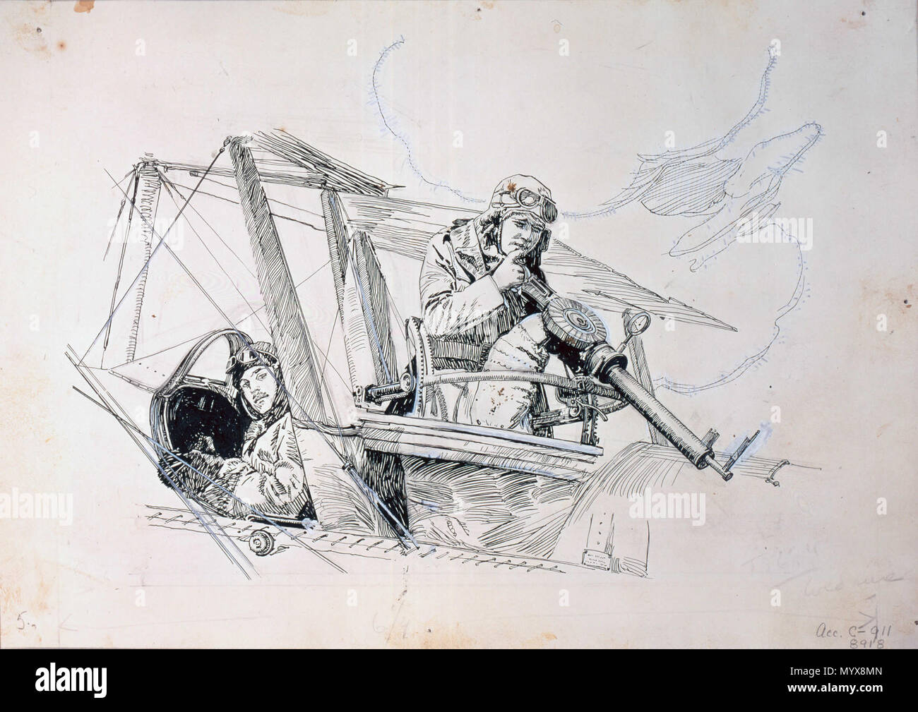 .  English: A study by artist Frederick Varley of a pilot and aerial observer. In the rear seat, the observer is also responsible for a Lewis gun. The title of the sketch, The Young Man’s Element, the Air, speaks to the perception that air combat was gallant and chivalrous. In reality, the techniques of aerial combat were not particularly chivalrous. They usually involved sneak attacks on vulnerable targets, and experienced flyers preyed on new enemy pilots.  .  English: The Young Man's Element, the Air . between 1916 and 1918 2 Frederick Varley - The Young Man's Element, the Air Stock Photo