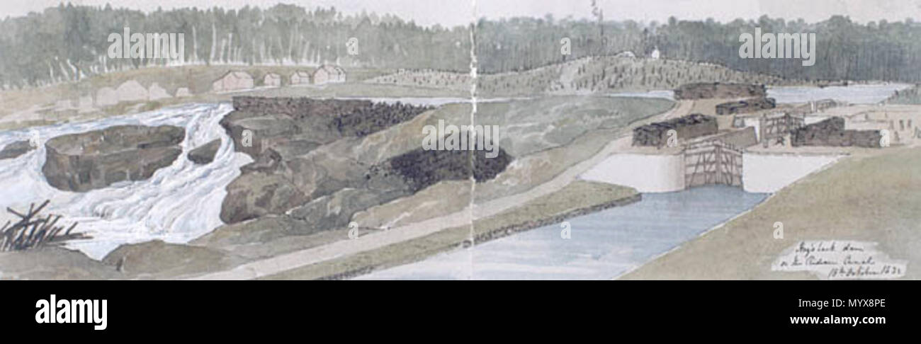 . Painting of the Hog's Back Dam on the Rideau Canal.  . 1832.    Henry Byam Martin  (1803–1865)     Description British aquarellist  Date of birth/death 25 June 1803 9 February 1865  Location of birth/death Plymouth, Devon, England, United Kingdom Genoa, Italy  Authority control  : Q5718944 VIAF:?3786829 LCCN:?n80161181 NLA:?36149161 SUDOC:?183143094 RKD:?52931 WorldCat 2 Hogs Back painting Stock Photo