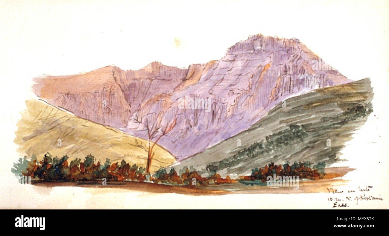 .  English: Painting, View in mts 10 m. N. of Kootenai Pass, George Dawson 1862-1863, 9.4 x 16.7 cm Français : Peinture, Vue des montagnes, 10 milles au nord du col Kootenai, George Dawson, 1862-1863, 9.4 x 16.7 cm  . 1862 or 1863 2 Kootenai Pass Stock Photo