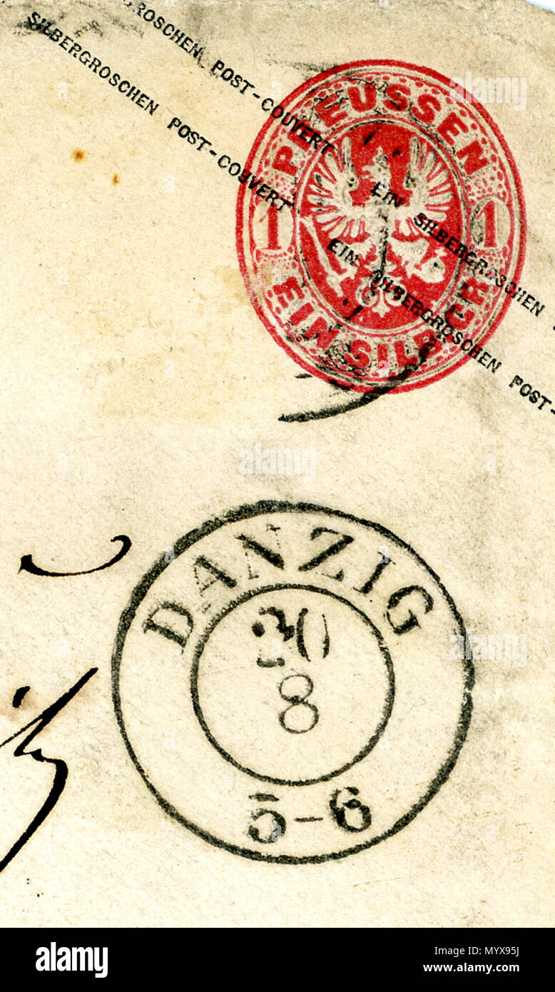 . English: Imprinted stamp of Prussia, 1 SilberGroschen, cancelled at DANZIG in 1864. Pre-stamped envelope fragment Post-couvert.  . 1864 (scan 2014-03-02 12:02:38). Jacquesverlaeken 1 1862ca Prussia GAA15 1Sgr Danzig Gdansk Stock Photo