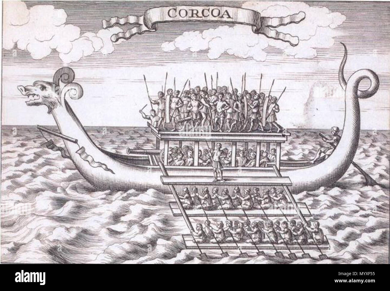 . English: Engraving of a karakoa ('caracoa') from The Discovery and Conquest of the Molucco and Philippine Islands (1711) by Bartolomé Leonardo de Argensola, translated into English by John Stevens  . 1711. Bartolomé Leonardo de Argensola, translated into English by John Stevens 19 Caracoa (Karakoa) Stock Photo