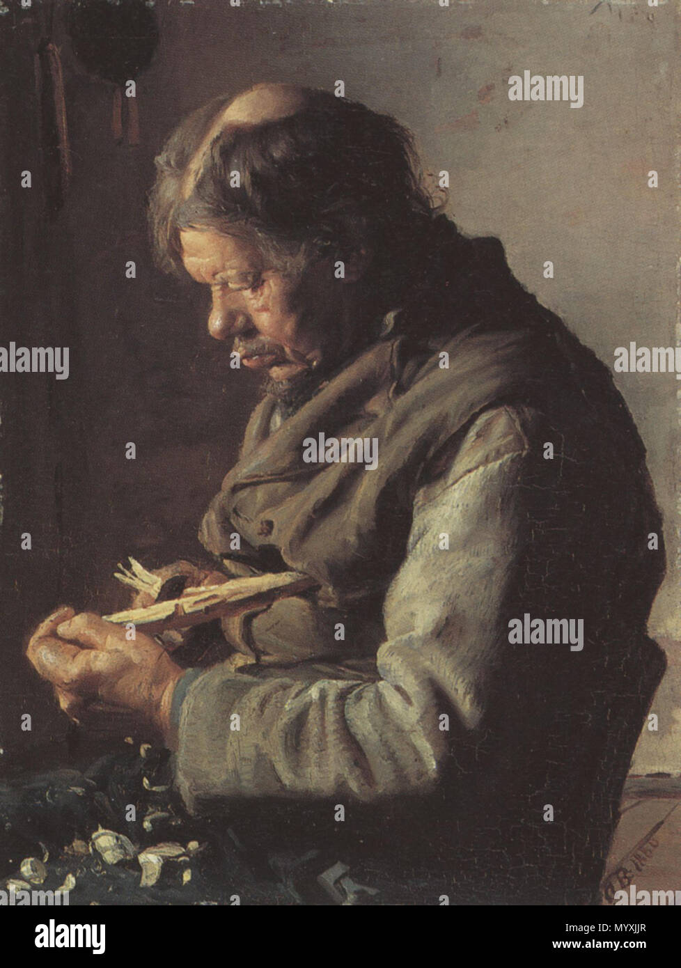 . Fisherman Lars Gaihede carving a stick . 1880 33 Fisker Lars Gaihede snitter en pind (Anna Ancher) Stock Photo