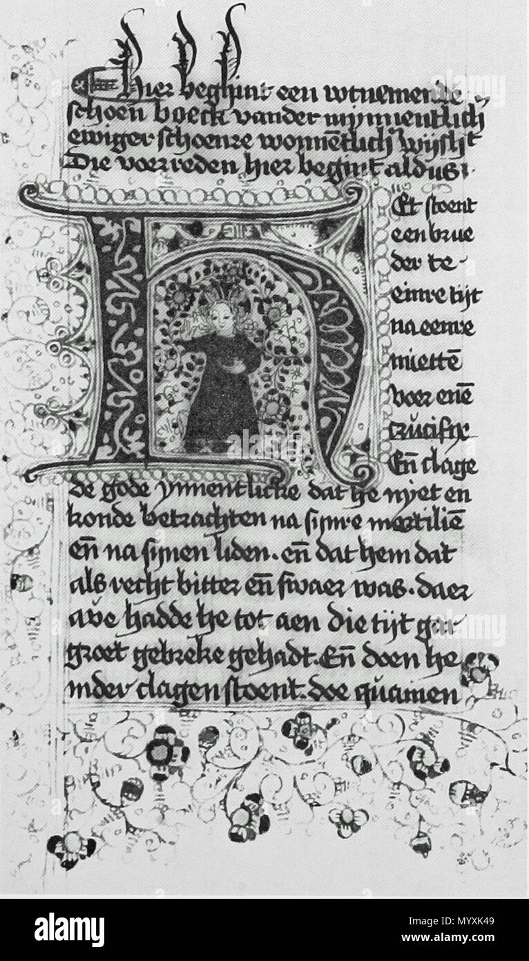 . English: Page from a manuscript with texts by Hendrik Seuse and Jan van Ruusbroec, and several vitae of saints and other devotional texts. Copied in 1481/1498 in the Sint-Andriesklooster (Monastery of St. Andrew) in Maastricht, the Netherlands. Now in the collection of the University Library of Amsterdam (ms. I G 12).  . 25 May 2007, 10:48:18. A scribe from the monastery of Saint Andrew in Maastricht,1481/1498 16 MS 545 f 8 21 138, van St Andriesklooster, Maastricht (UB Amsterdam) Stock Photo