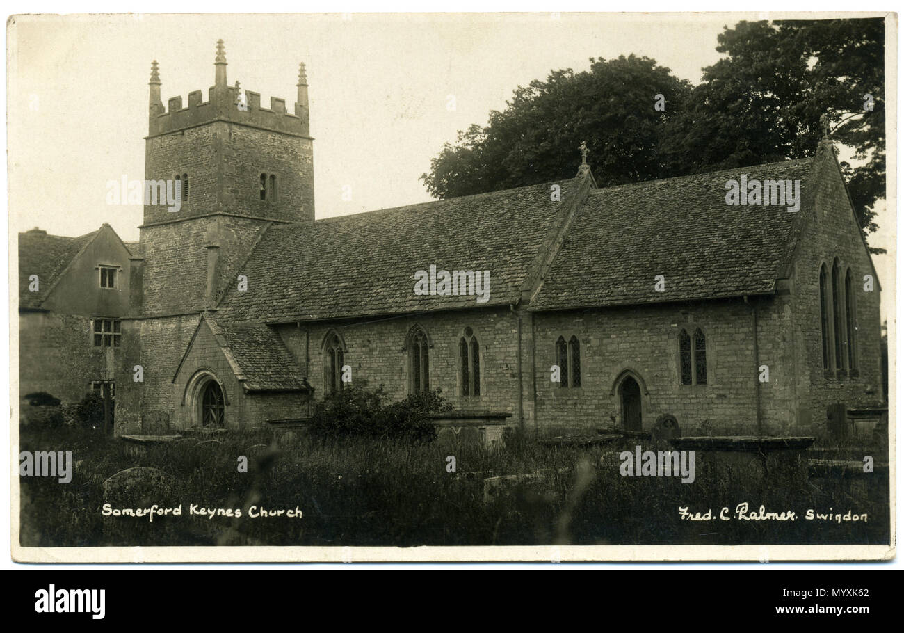 . Postcard of the Church of All Saints, Somerford Keynes, Gloucestershire, on the Wiltshire and Gloucestershire border, England. The church is Grade II listed; it has 7th century foundations, was rebuilt in the 13th century, had 18th century additions and was restored in the 19th century. The photographer was Fred C. Palmer of Tower Studio, Herne Bay, Kent ca.1905-1916, and of 6 Cromwell Street, Swindon ca.1920-1936. He is believed to have died 1936-1939. The postcard is postmarked 1930. This print has darkened with age, but it would be inappropriate to adjust the brightness because detail, e. Stock Photo