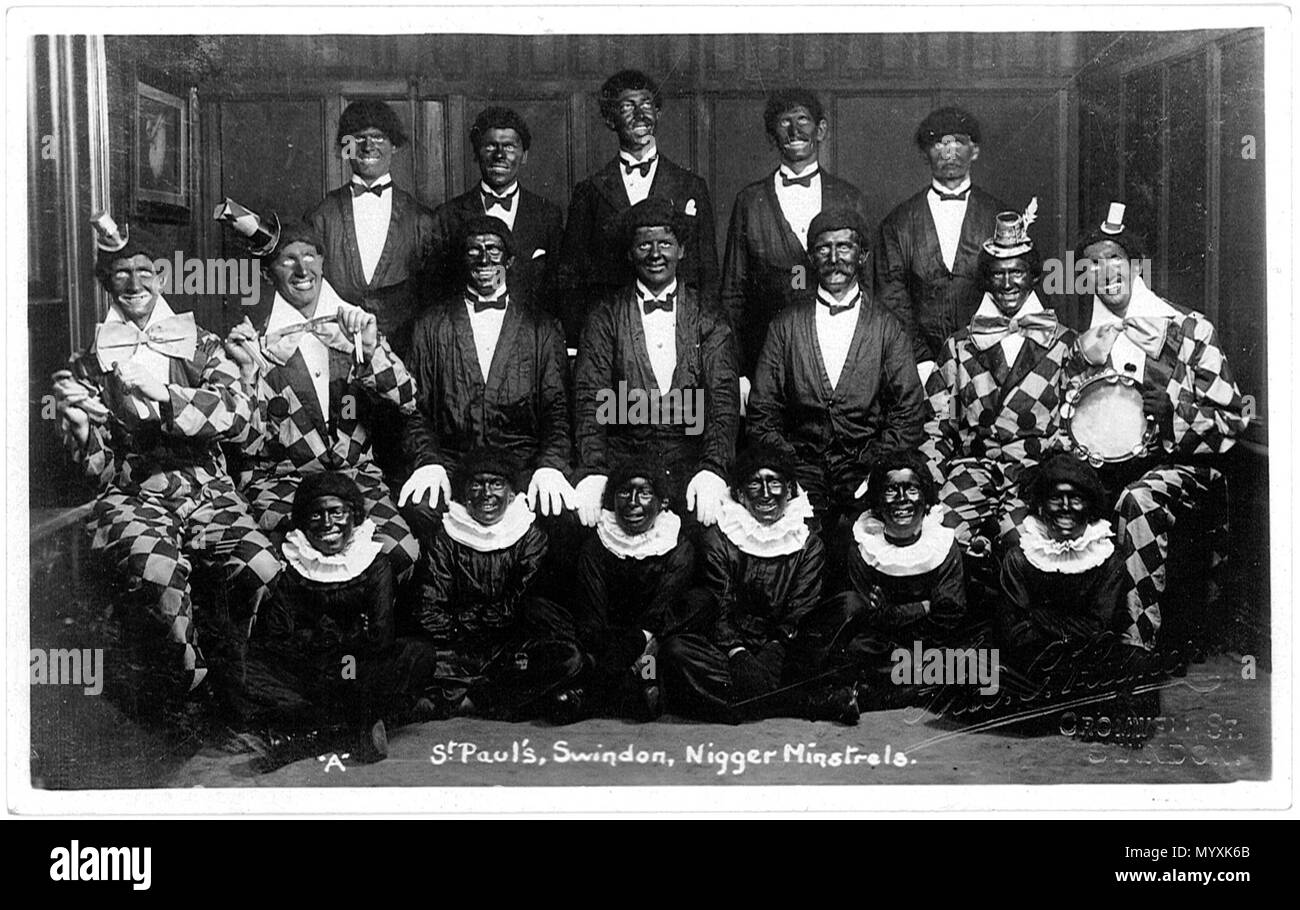 . Postcard of the Swindon Minstrels at St Pauls church in Swindon, Wiltshire, England, 1927. The photographer was Fred C. Palmer of Tower Studio, Herne Bay, Kent ca.1905-1916, and of 6 Cromwell Street, Swindon ca.1920-1936. He is believed to have died 1936-1939. Border The remaining border of this image is important for researchers of this photographer. Some photographers trimmed their images more than others, and Palmer has a reputation for producing smaller postcards than other early 20th century UK photographers. He took his own photos, developed them in-house onto postcard-backed photograp Stock Photo