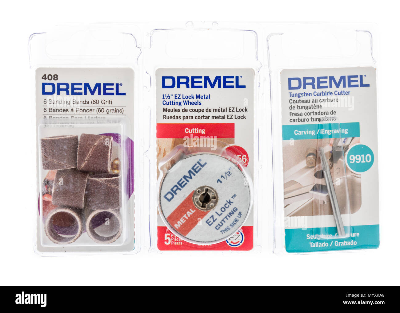 Winneconne, WI - 26 May 2018: Packages of Dremel tool accessories including  sanding, cutting wheels and tungsten carbid cutter for carving on an isol  Stock Photo - Alamy