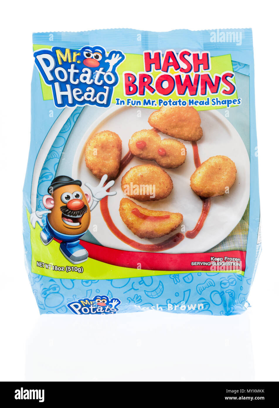 Winneconne - 1 June 2018: A bag of Mr. Potato Head hash browns with head shapes on an isolated background. Stock Photo