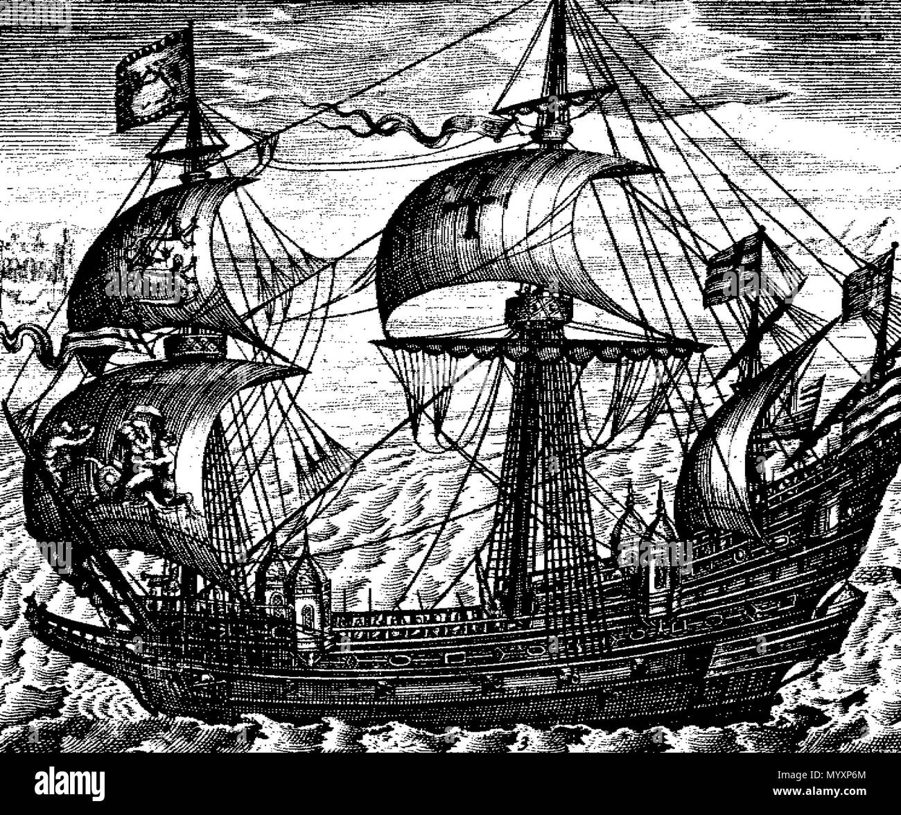 . English: The Ark Royal (1587), by Claes Janszoon Visscher (Claes Jansz Visscher), (1587-1652) The galleon 'Ark Raleigh' was built at Deptford for Sir Walter Raleigh in 1587. The following year she was commissioned into the Royal Navy and re-named the 'Ark Royal'. She was the Lord High Admiral's flagship against the Spanish Armada in 1588. The vessel was 100 feet long on the keel, had a beam of 37 feet and carried 44 guns. Source: National Maritime Museum, London  . 5 September 2007 (original upload date). The original uploader was Camptown at English Wikipedia 4 Ark-Royal-1587 Stock Photo