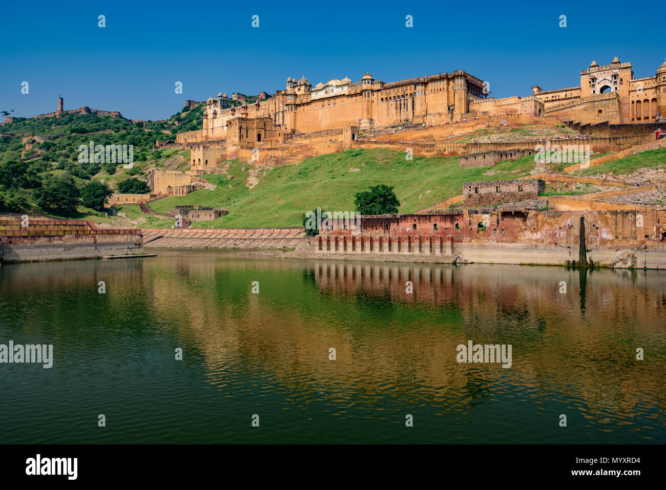 Amer Fort with reflection on water, Jaipur, India Stock Photo