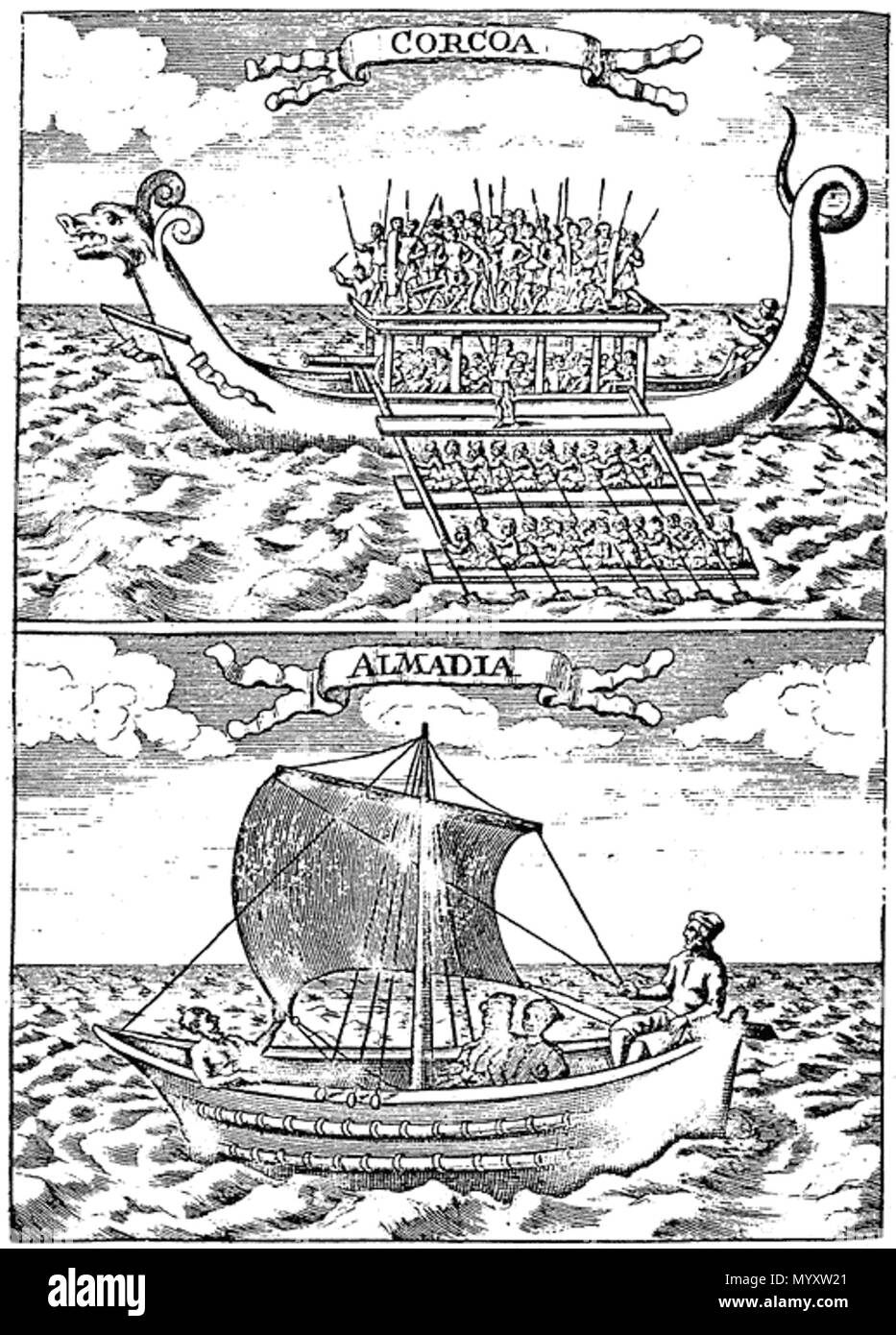 . English: Engraving of a 'Corcoa' (Karakoa) and an Almadia (outrigger canoe) from The Discovery and Conquest of the Molucco and Philippine Islands (1711) by Bartolomé Leonardo de Argensola, translated into English by John Stevens 23 Corcoa and Almadia (Karakoa and outrigger canoes) Stock Photo