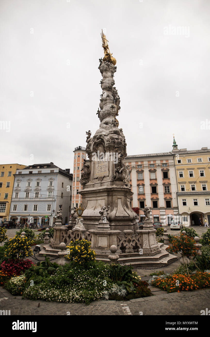 The Trinity Column in the main square (Hauptplatz) of the old town (Altstadt) of Linz, Austria. Stock Photo